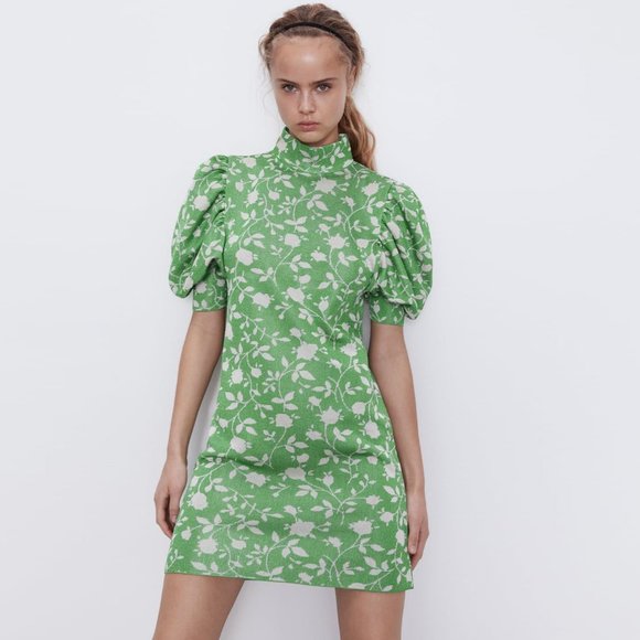 Zara Dresses & Skirts - Zara Green Floral Puff Sleeve Dress M